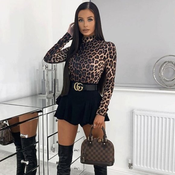Leopard Print Animal Print Long Sleeve High Neck Bodycon Bodysuit Top Leotard - Picture 7 of 12